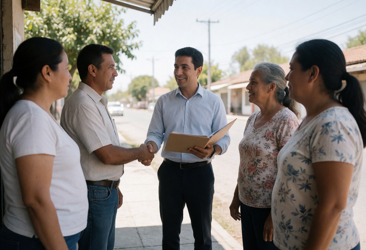 A financial consultant shakes hands with a client on the street while others watch, holding a portfolio.