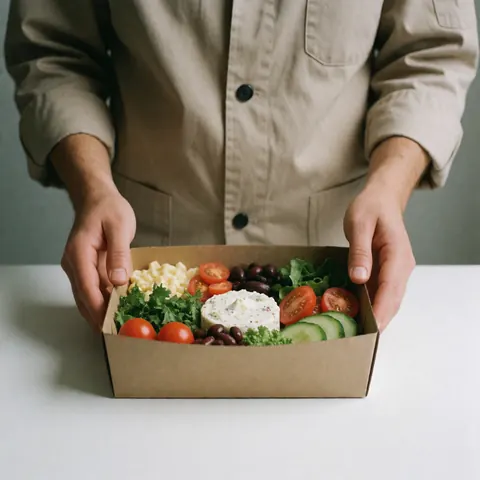 A person hands a healthy meal box with fresh vegetables, tomatoes, avocado and cheese.