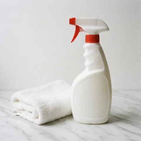 Cleaning spray bottle with trigger and folded white towel on a white marble surface.