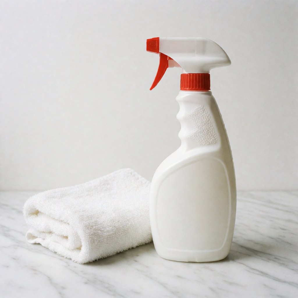 Cleaning spray bottle with trigger and folded white towel on a white marble surface.