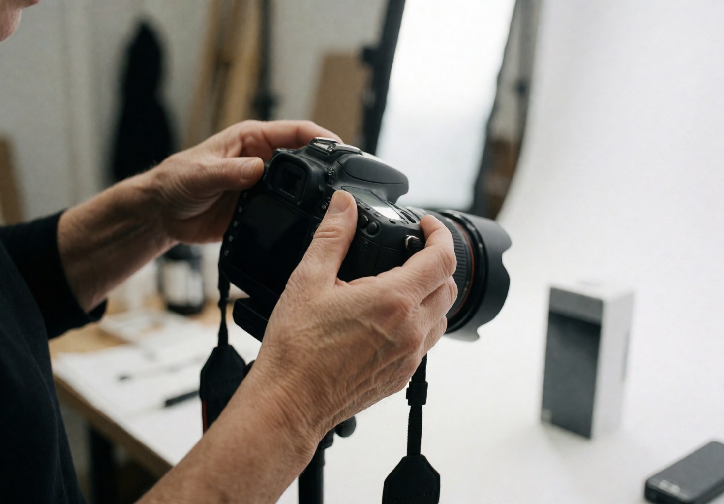 A person adjusts a DSLR camera with a large lens in a photography studio with white background and lighting equipment.