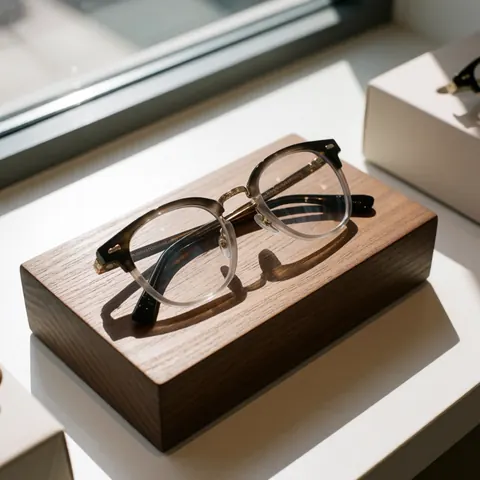 Modern glasses rest on a wooden stand in an optical shop display case.