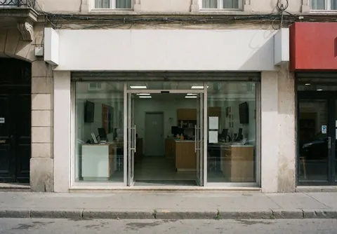 Modern online store facade featuring open glass doors that reveal an interior with tables and computers on a quiet street