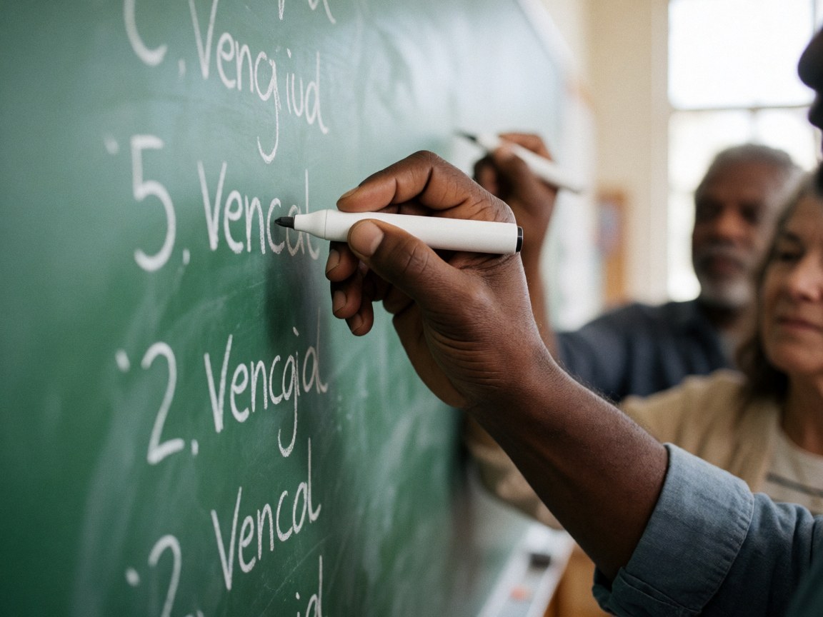A hand writes with a white marker on a green chalkboard, with people observing in the background.