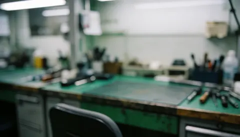 Green workbench with tools and repair equipment in a technical workshop.