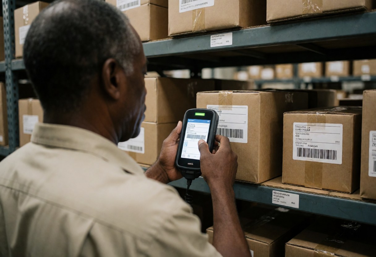 A warehouse worker scans a package using a handheld device, focusing on the barcode and scanning action
