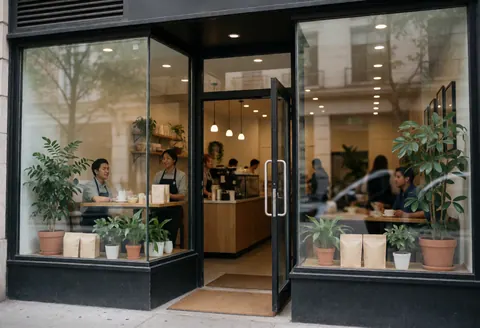 Welcoming coffee shop exterior featuring large windows, indoor plants, tables, and seated patrons with an open door.