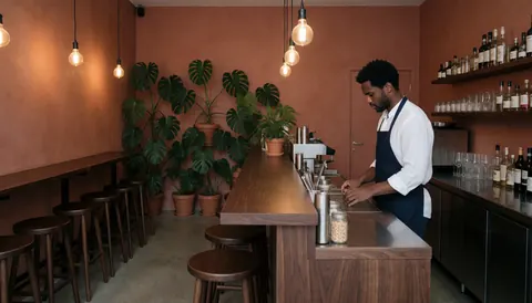 Interior view of a cocktail bar featuring a wooden counter, potted plants, chairs, and a bartender preparing drinks