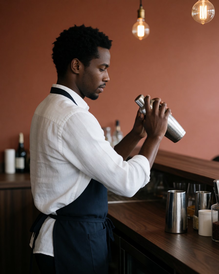 African American bartender in a white shirt and dark apron shaking a cocktail behind a dark wooden bar with terracotta walls and Edison bulbs.