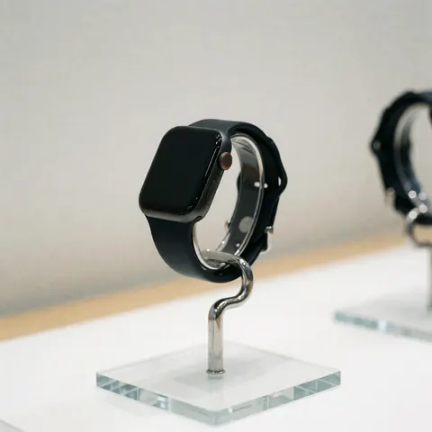Black smartwatch displayed on a clear glass stand against a neutral background for tech product marketing