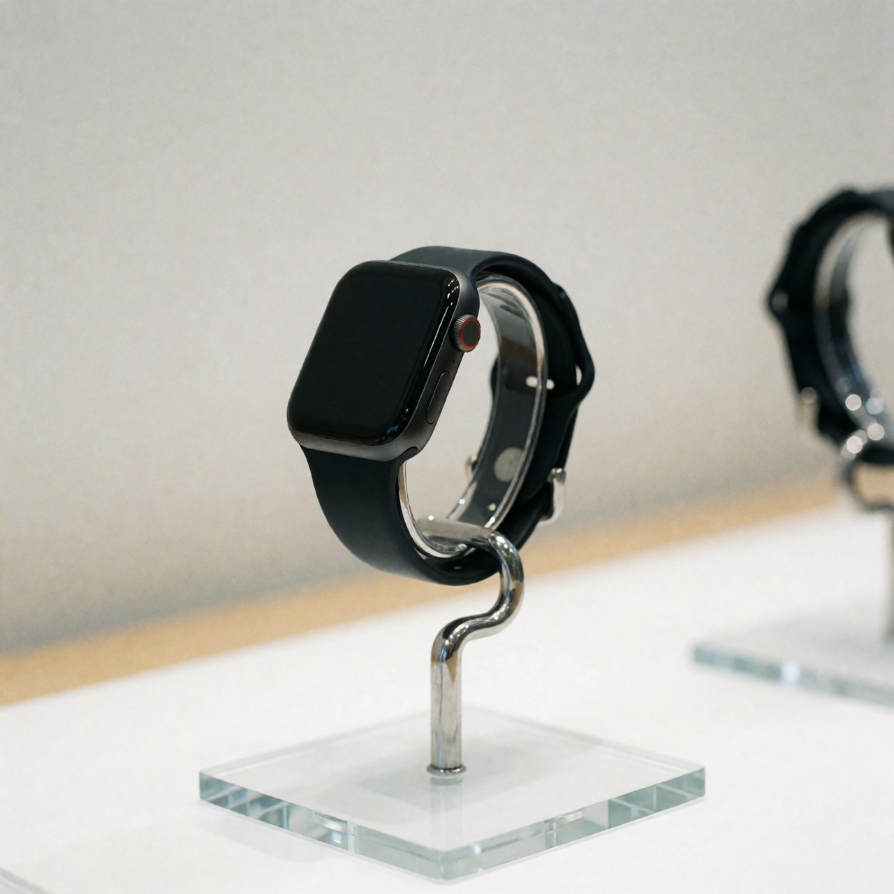 Black smartwatch displayed on a clear glass stand against a neutral background for tech product marketing