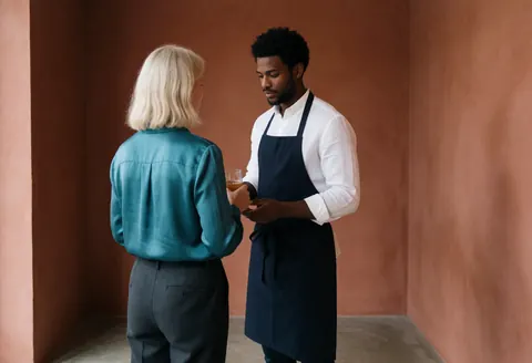 A bartender serves a drink to a customer in a bar with terracotta-colored walls.