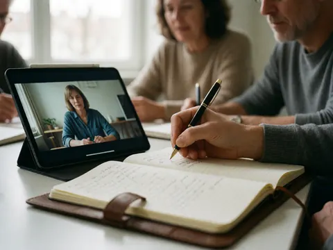 Person writing in notebook while watching a class on a tablet, with other participants in the background.