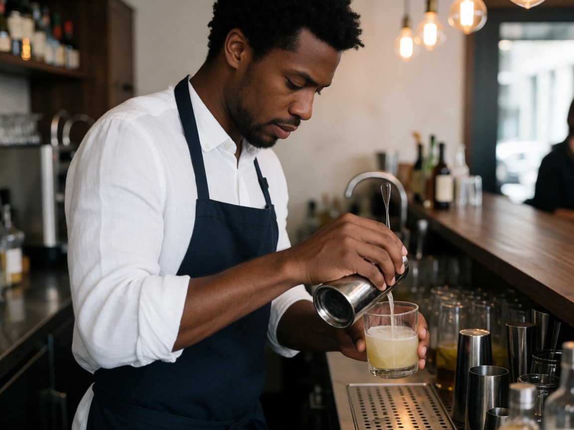 A bartender pours a cocktail into a glass at a bar with a wooden counter and bar tools.