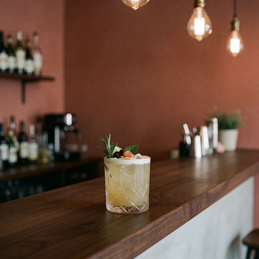 Close-up of a fruit and herb cocktail in a glass on a wooden counter with terracotta walls and warm lighting in the background
