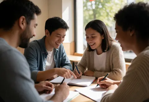 Four young students review exercises in a cafe, smiling and pointing at their notebooks with natural light from the window