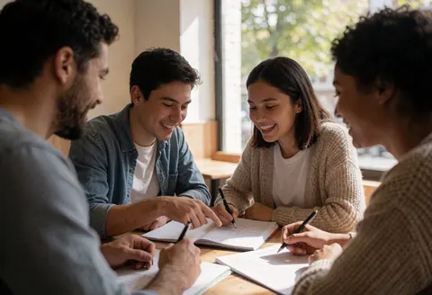 Four young students review exercises in a cafe, smiling and pointing at their notebooks with natural light from the window