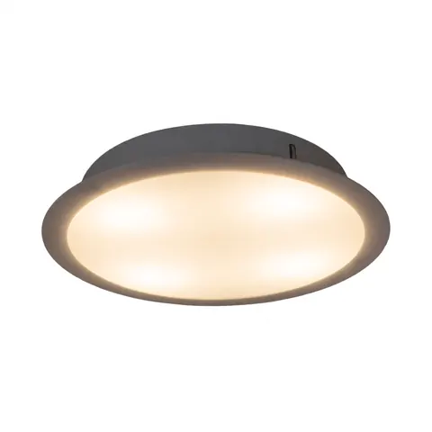Modern circular LED ceiling lamp emitting warm light against a pure white background, suitable for commercial lighting catalogs