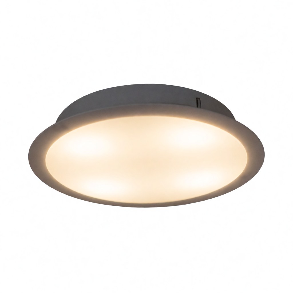 Modern circular LED ceiling lamp emitting warm light against a pure white background, suitable for commercial lighting catalogs