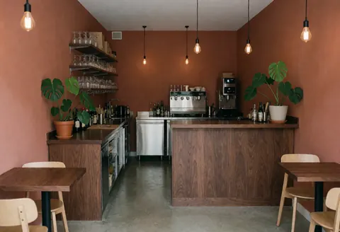 Bar interior with wooden bar, tables, chairs, and plants on terracotta-colored walls.