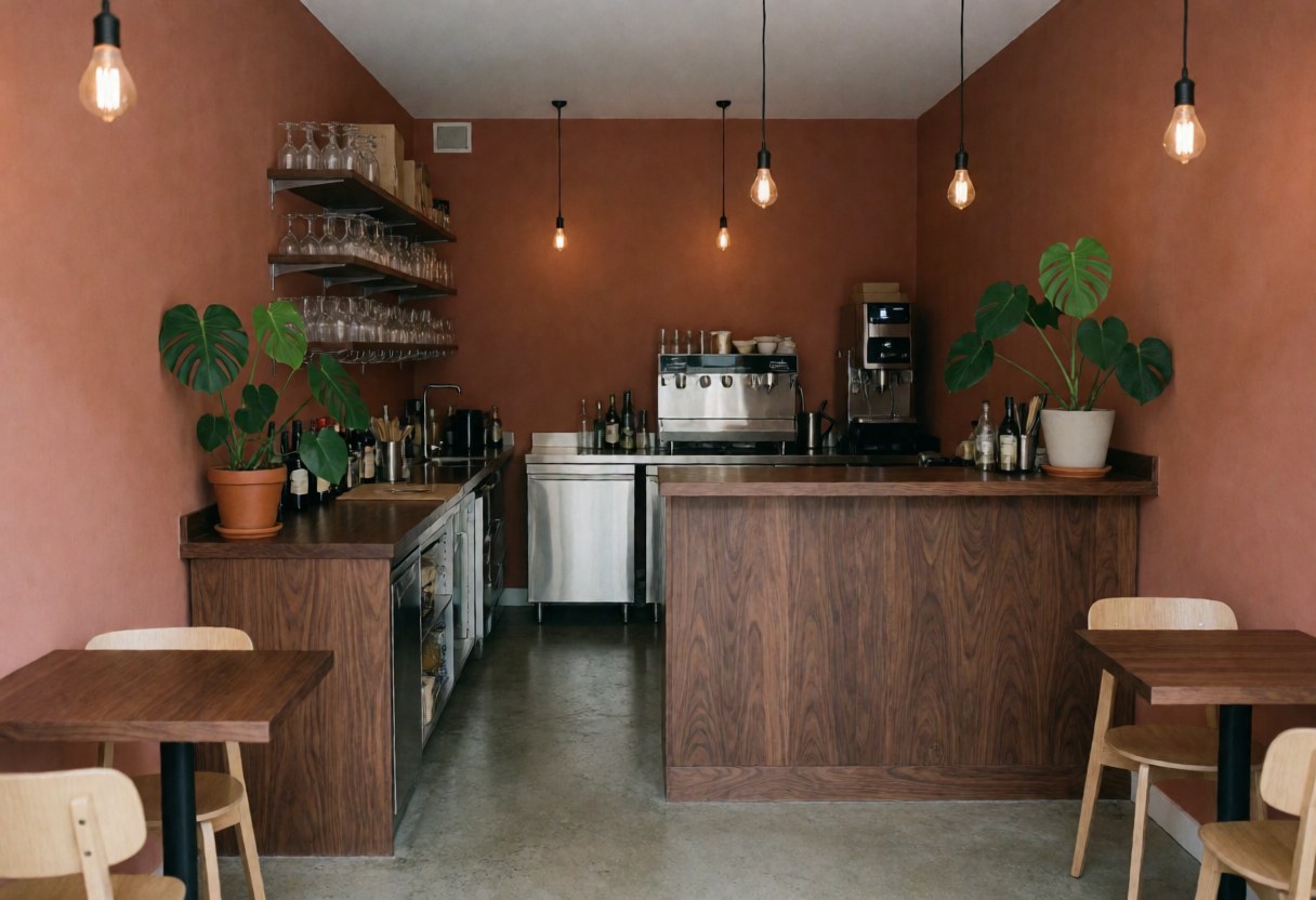 Bar interior with wooden bar, tables, chairs, and plants on terracotta-colored walls.