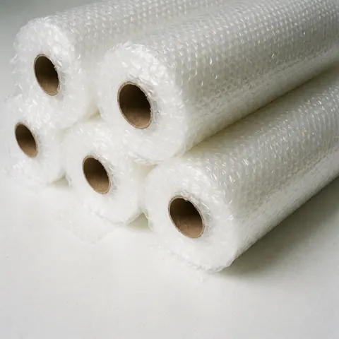 Stacked white bubble wrap rolls on a white surface, ready for packaging merchandise.