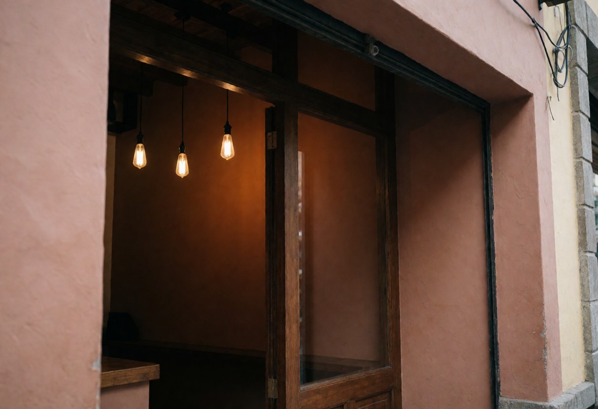 Bar facade with pink walls and warm hanging lights at the entrance.