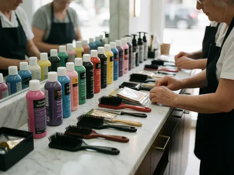 A woman in an apron works with brushes and color bottles on a hair salon counter.