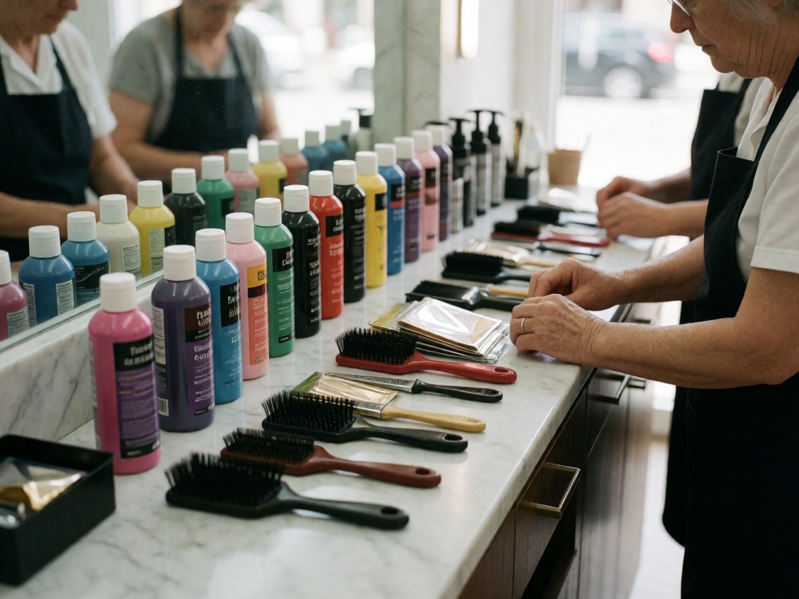 A woman in an apron works with brushes and color bottles on a hair salon counter.