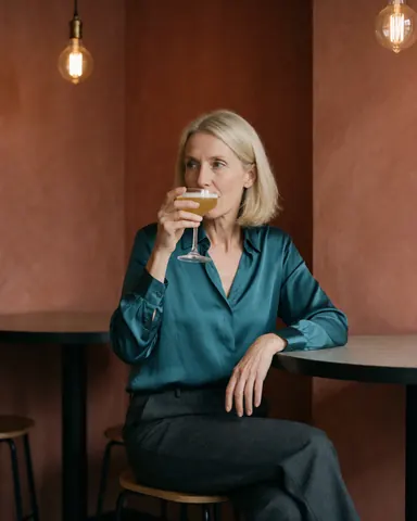 A mature woman relaxes with a cocktail at a bar featuring terracotta walls and Edison bulbs.