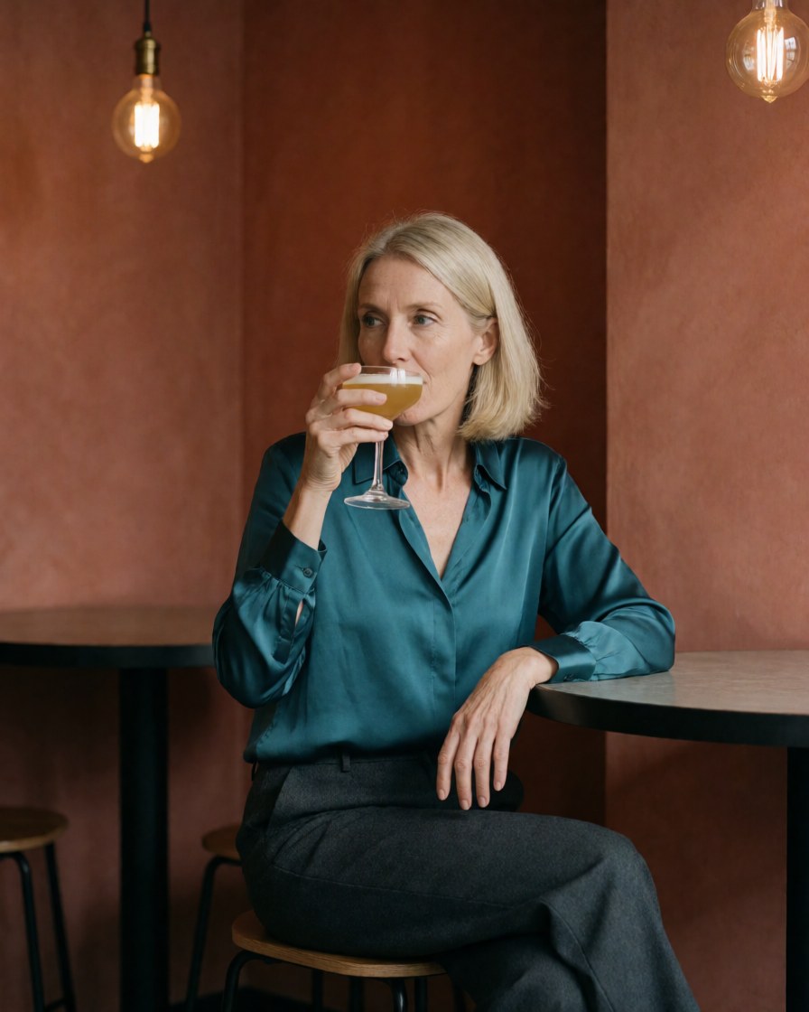 A mature woman relaxes with a cocktail at a bar featuring terracotta walls and Edison bulbs.