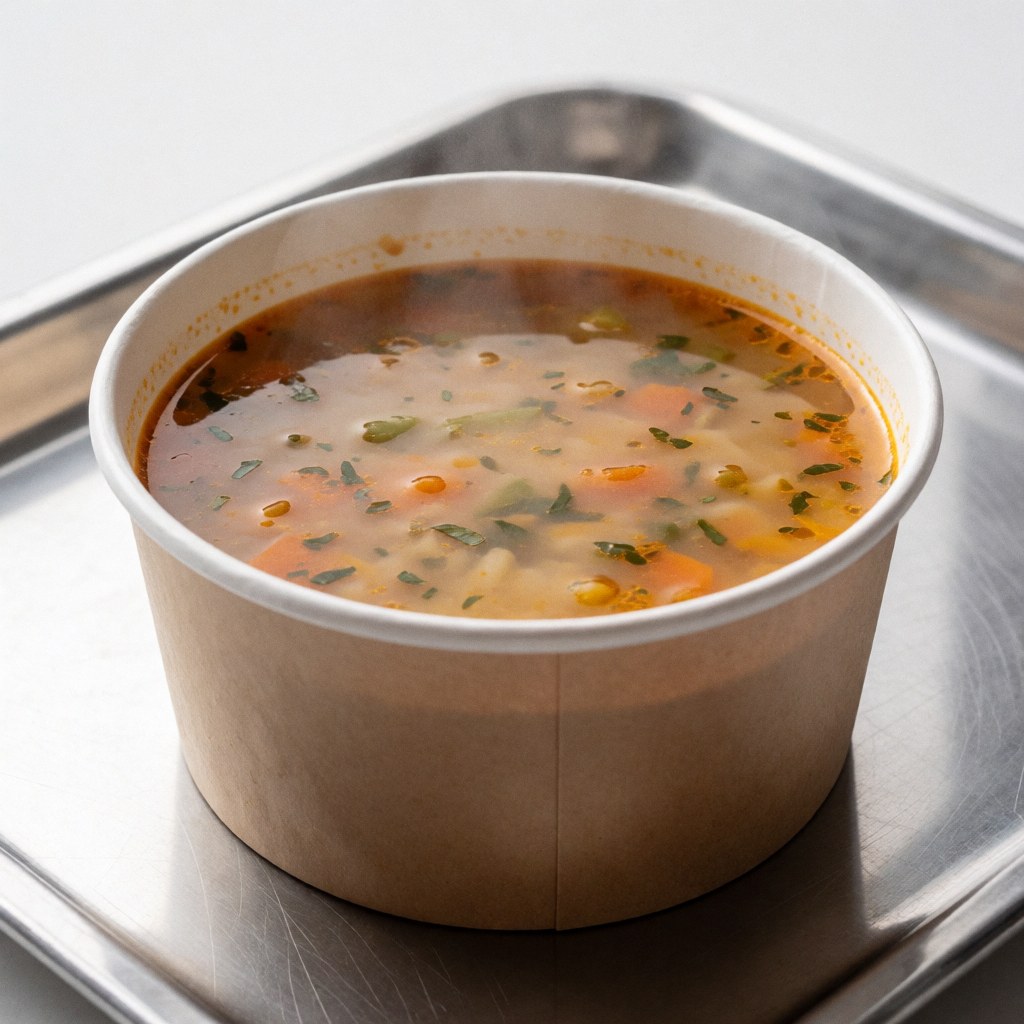 Hot soup with vegetables in paper container on metal tray.