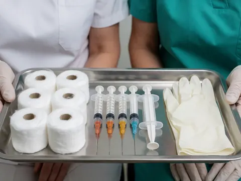 Two medical professionals hold a metal tray with syringes, gloves, and cotton rolls for clinical procedures.