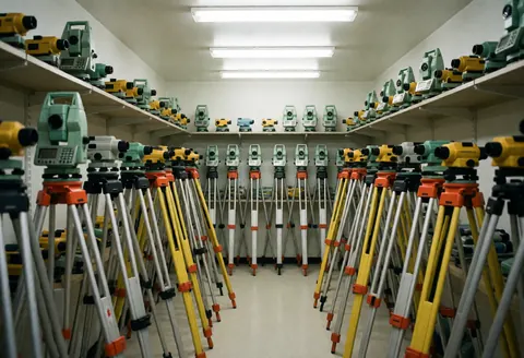 Warehouse filled with surveying equipment on tripods, ready for use on construction or field sites.