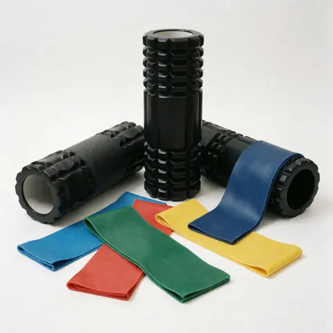 Black textured foam rollers and colorful resistance bands on a white background.