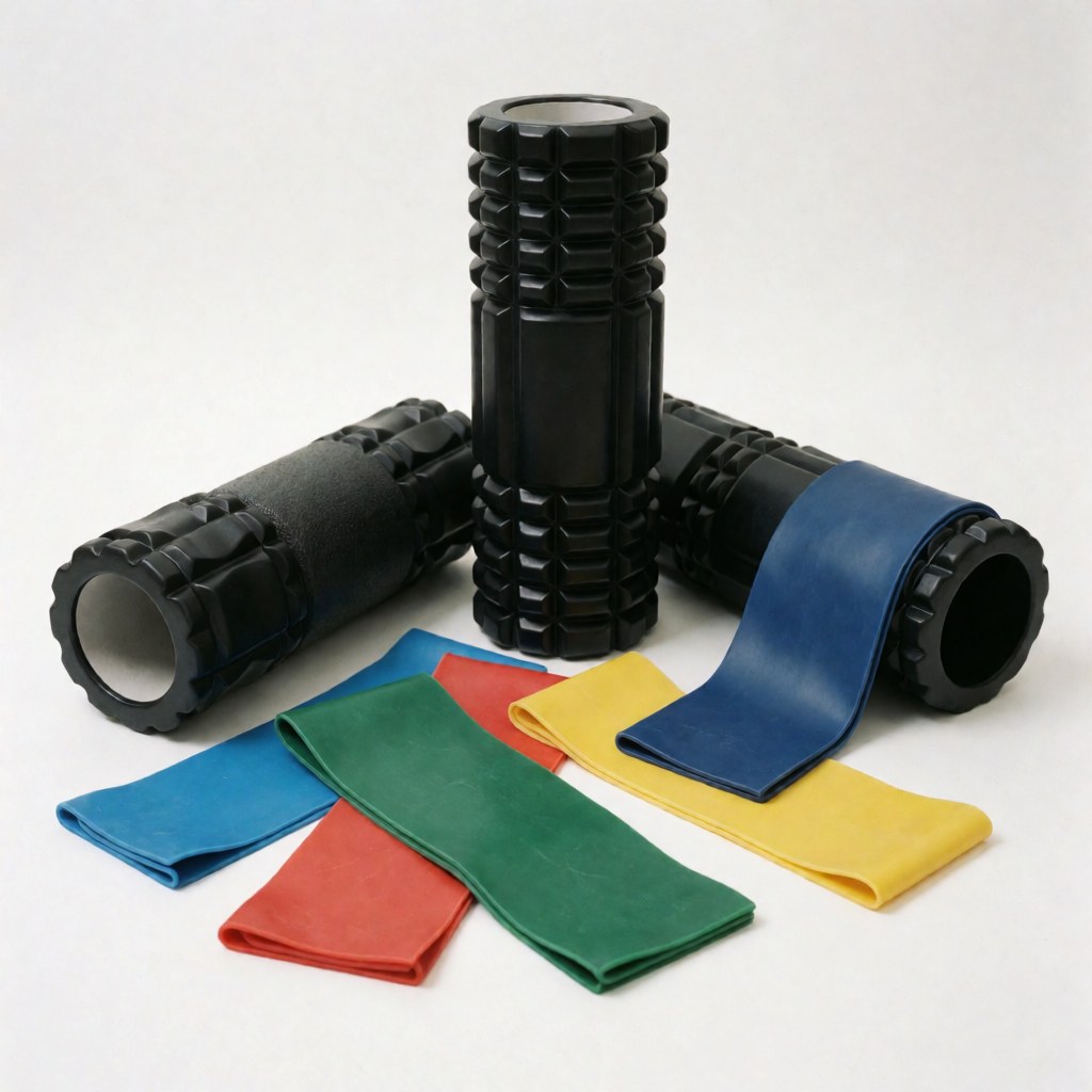 Black textured foam rollers and colorful resistance bands on a white background.