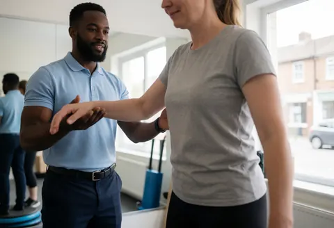 Physical therapist helping a woman do a balance exercise in a clinic.