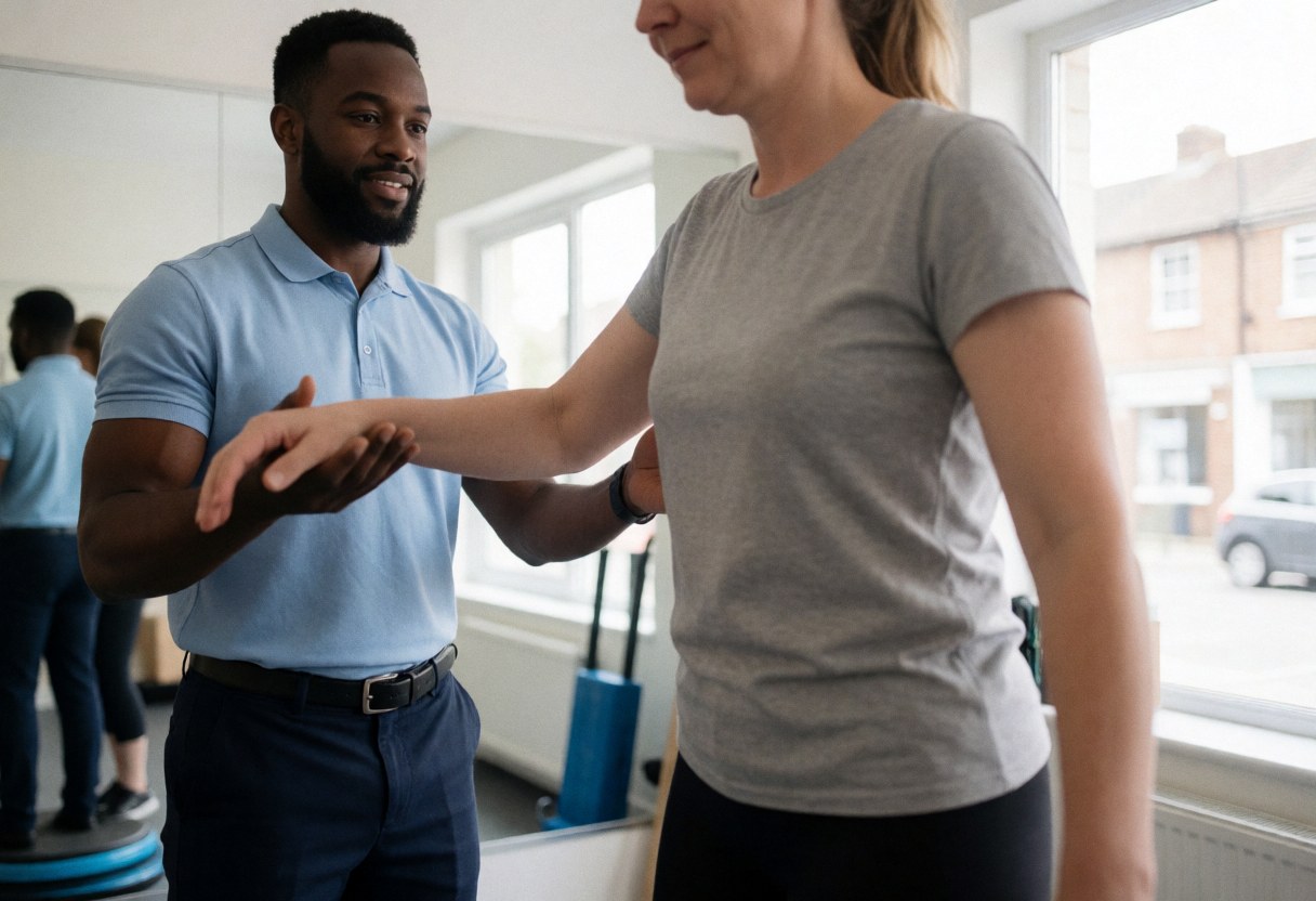 Physical therapist helping a woman do a balance exercise in a clinic.