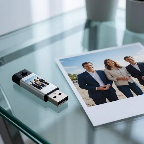 A USB drive with digital photos and a printed photo on a glass table.