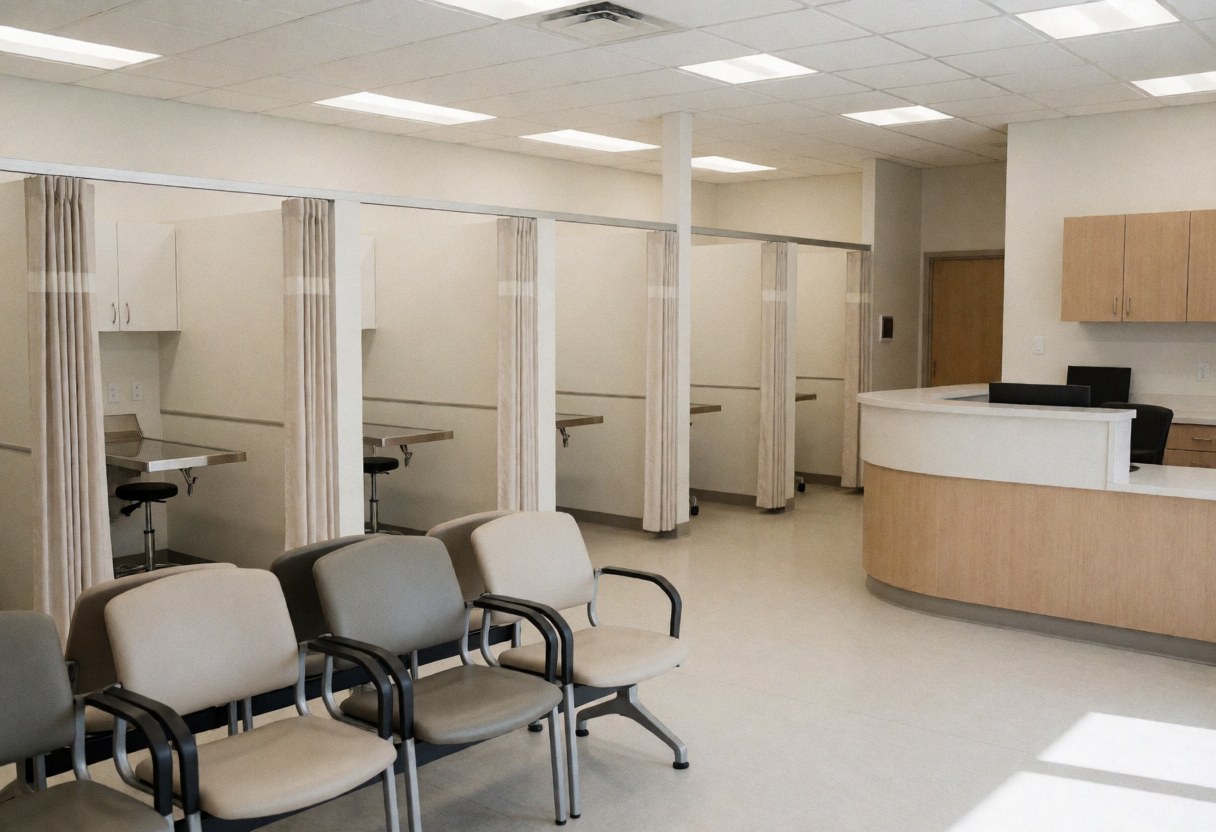Clean veterinary clinic interior featuring exam rooms, waiting chairs, and a reception desk ready for patients and owners