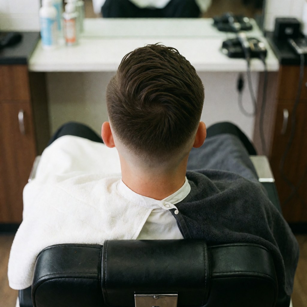 Close-up of a man receiving a fade haircut in a barber chair with visible towels and grooming products under bright lighting