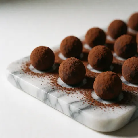 Handmade chocolate truffles dusted with cocoa arranged on a white marble surface with gray veins under soft lighting