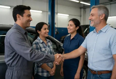 A mechanic and an older client sign a contract in a garage while two women watch and smile with a car in the background.