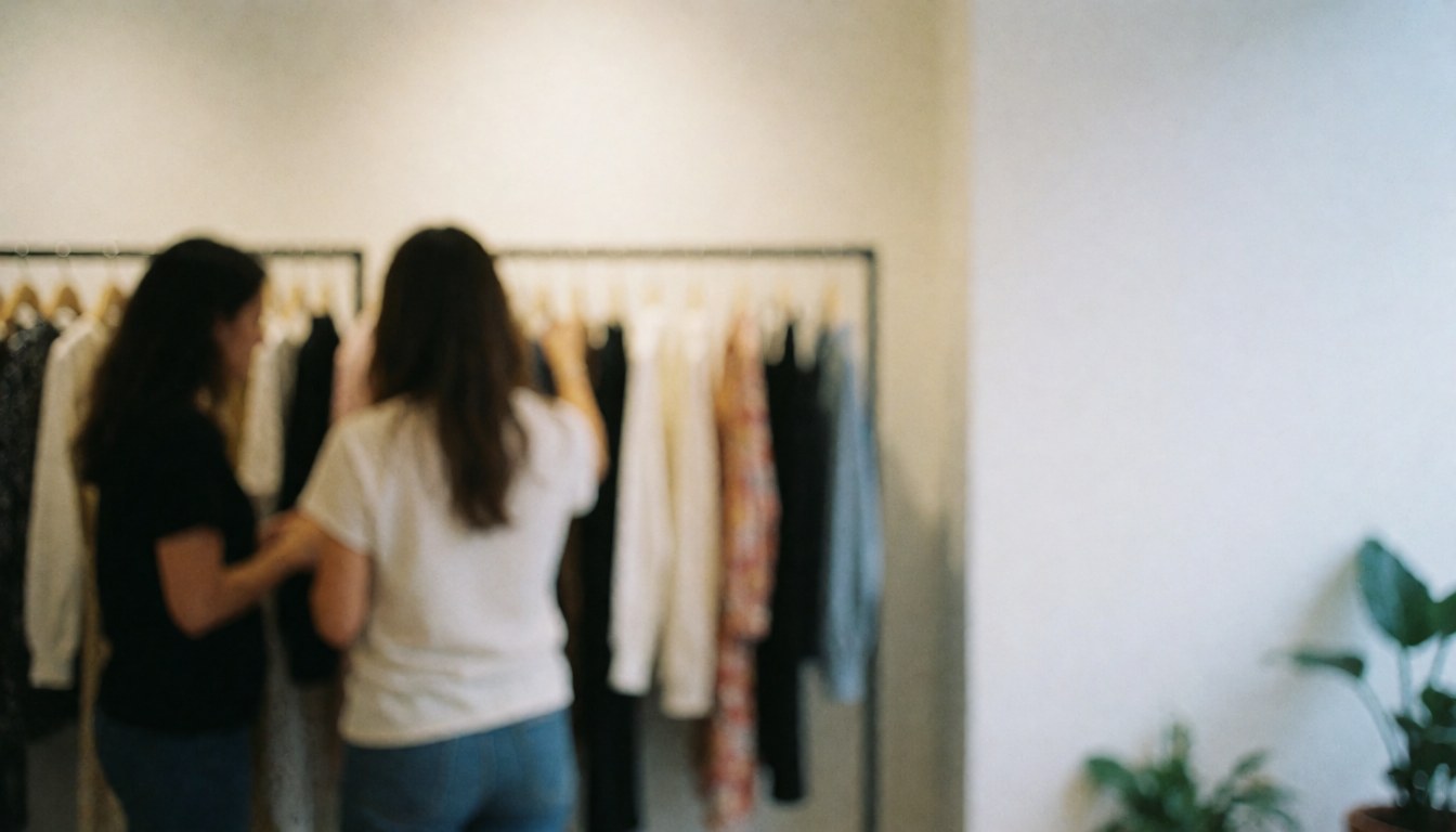 Blurred background of a clothing store featuring hangers and two people from behind with empty space on the right for text