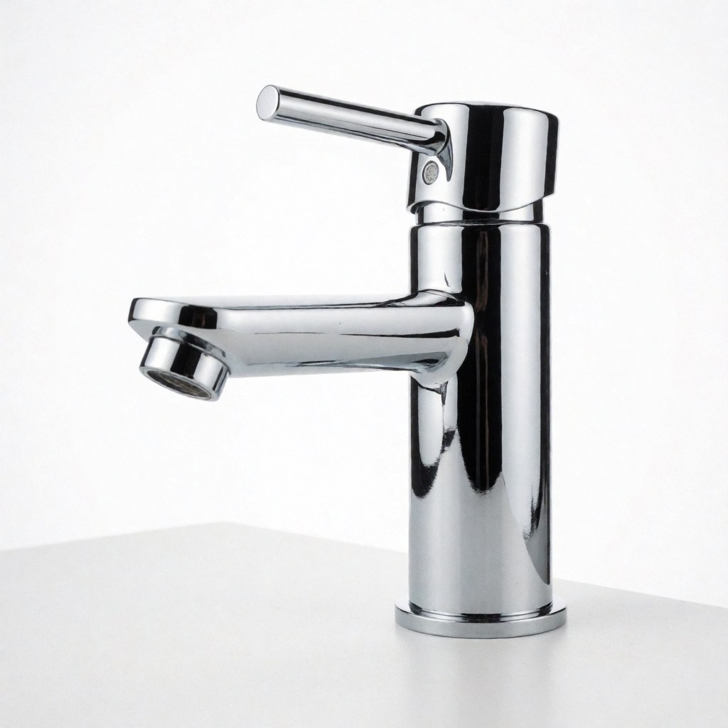 Modern chrome bathroom faucet with single handle on clean white surface for plumbing and decor