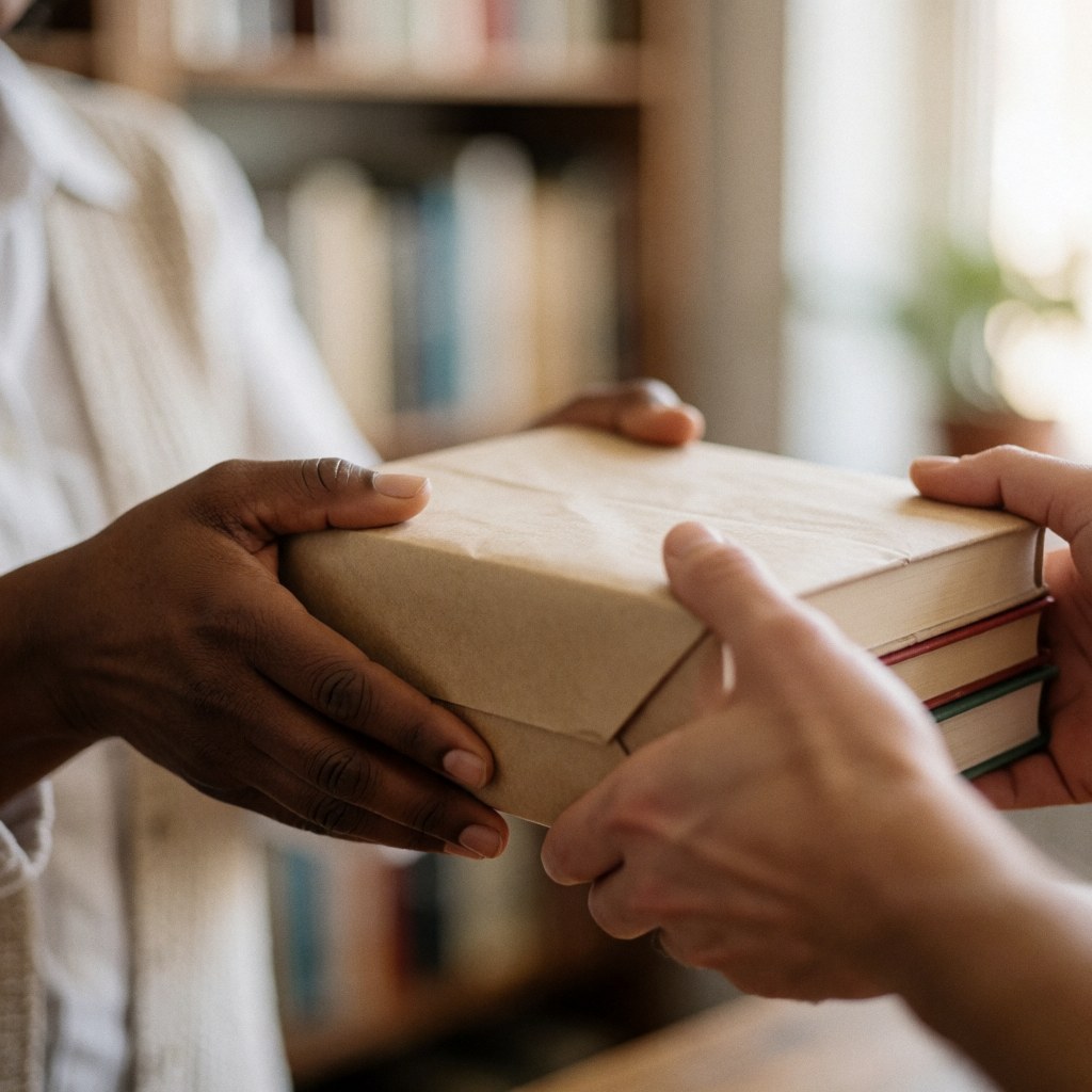Close-up of hands delivering a wrapped book package in a bookstore with shelves and warm lighting in the background