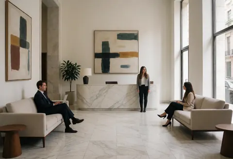 Modern financial firm reception featuring three people, white walls, marble floor, and framed abstract art