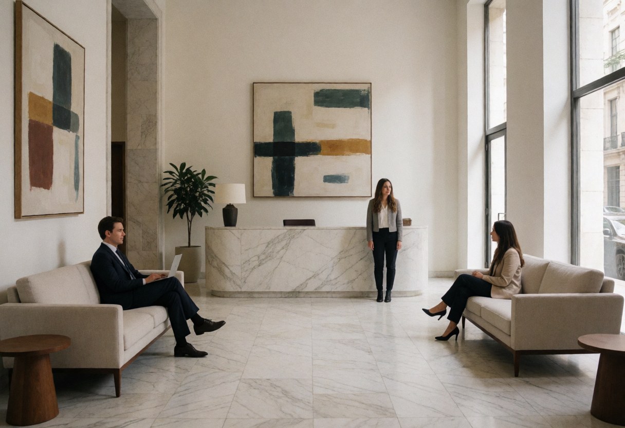 Modern financial firm reception featuring three people, white walls, marble floor, and framed abstract art