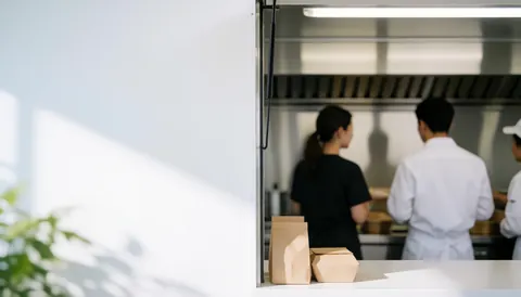 Clean interior of a food truck with chefs working, featuring natural lighting and white surfaces suitable for text overlay