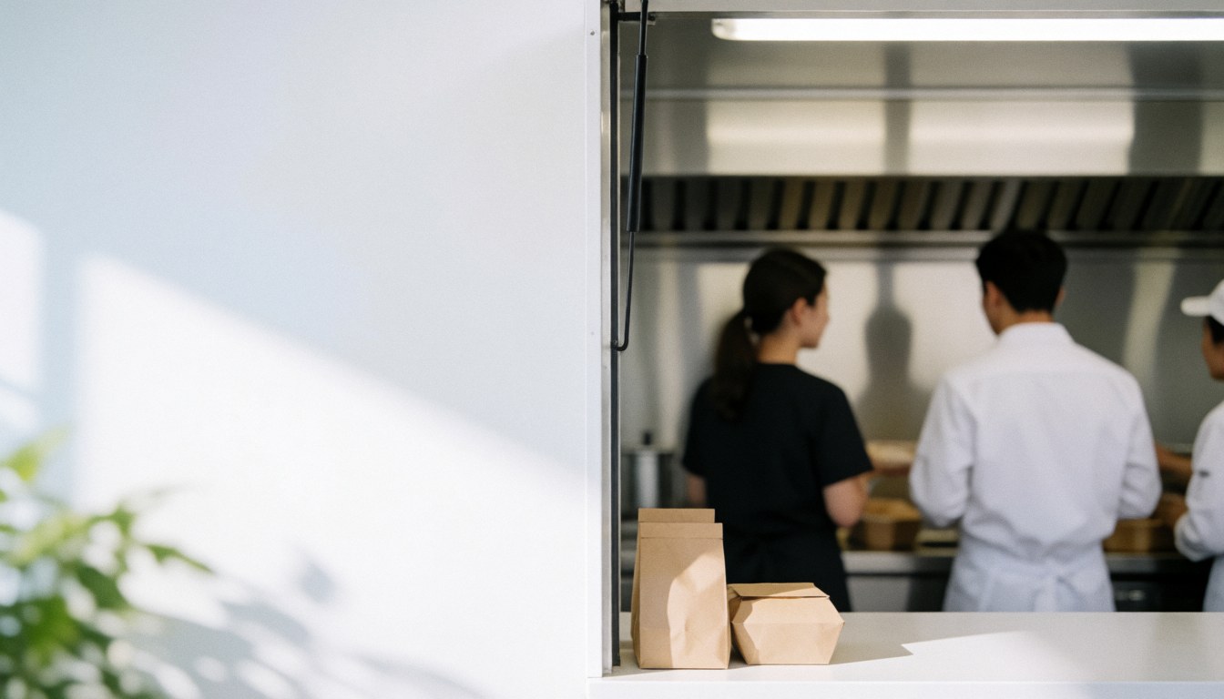 Clean interior of a food truck with chefs working, featuring natural lighting and white surfaces suitable for text overlay